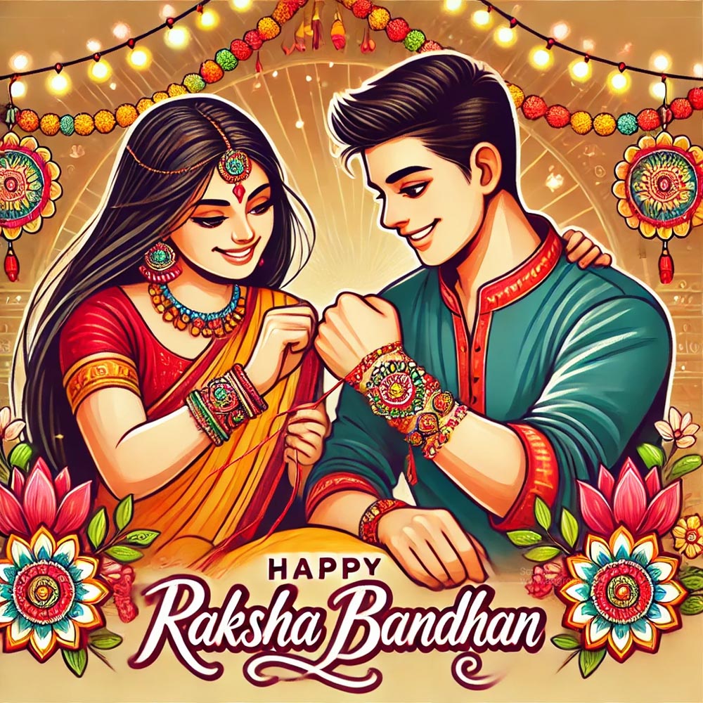 "Siblings smiling together with happy Raksha Bandhan wishes.