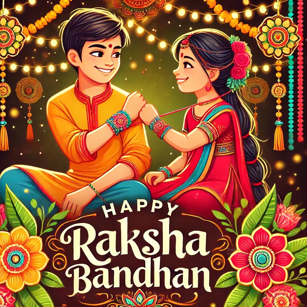 brother and sister sitting on the ground, joyfully celebrating Raksha Bandhan. The woman ties a colorful rakhi onto the man's wrist, surrounded by festive decorations. Text nearby reads 'happy Raksha Bandhan wishes'.