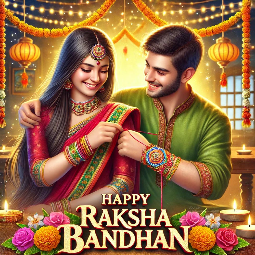 Colorful Raksha Bandhan celebration with heartfelt Happy Raksha Bandhan wishes