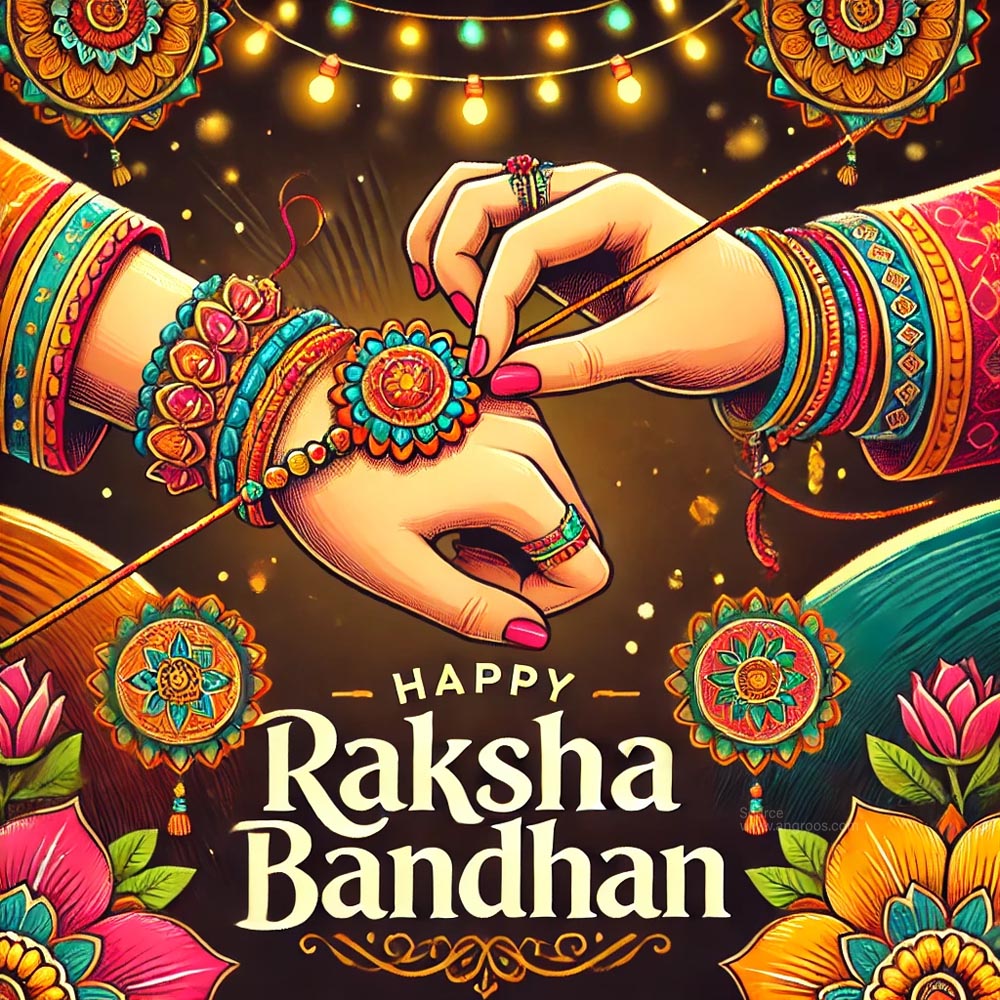 "Colorful rakhi tied with love and happy Raksha Bandhan wishes"