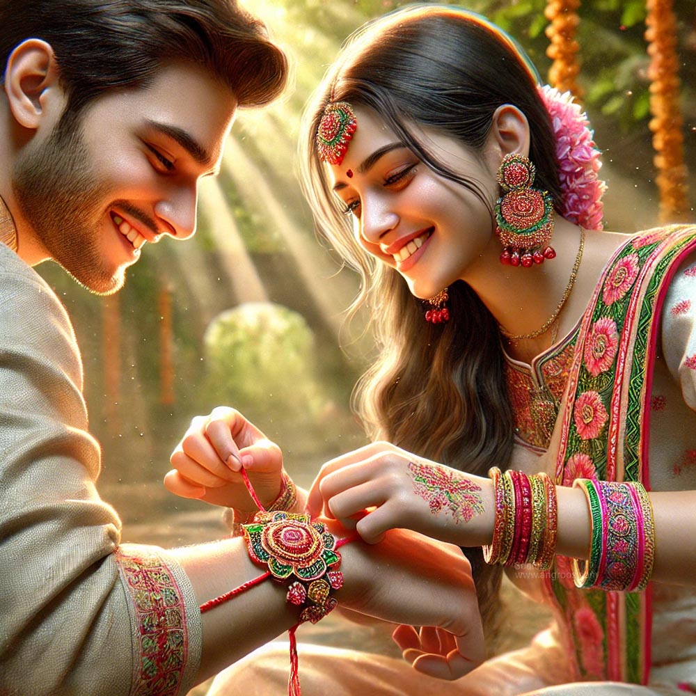 brother and sister sitting on the ground, joyfully celebrating Raksha Bandhan. The woman ties a colorful rakhi onto the man's wrist, surrounded by festive decorations. Text nearby reads 'happy Raksha Bandhan wishes'.