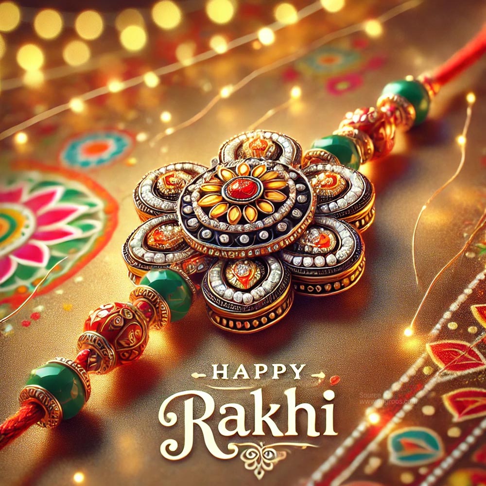 "Happy Raksha Bandhan wishes with a decorative rakhi"