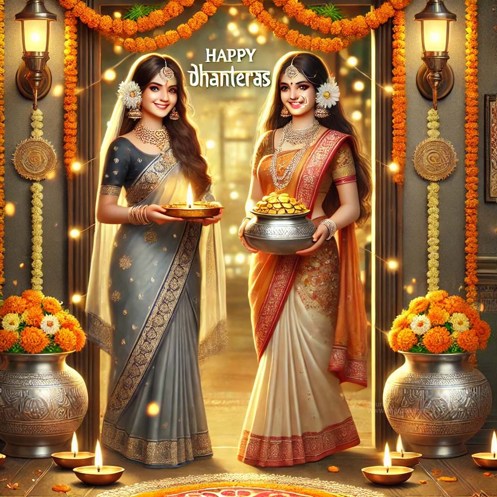 Dhanteras wishes image featuring two Indian women India's Favourite Online Gift Shop