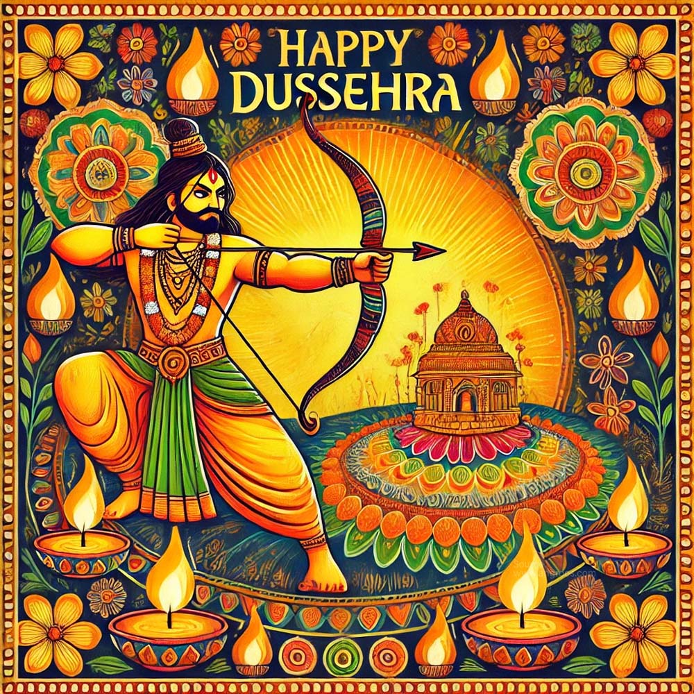 colorful Dussehra greeting card with a folk art style India's Favourite Online Gift Shop