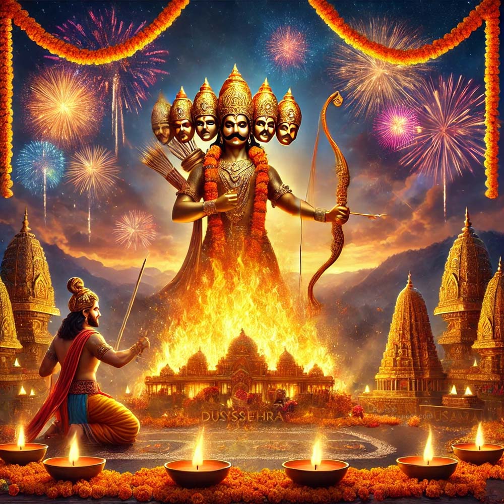 realistic Dussehra greeting card showcasing a vibrant grand celebration India's Favourite Online Gift Shop