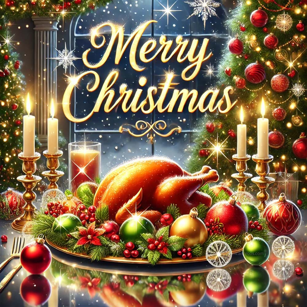 A Christmas greeting card featuring a joyful holiday feast centerpiece India's Favourite Online Gift Shop