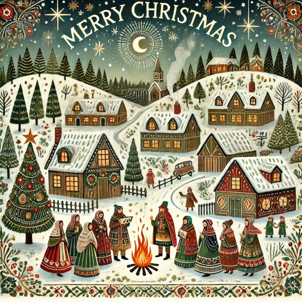 A Christmas greeting card in a cozy folk art style India's Favourite Online Gift Shop