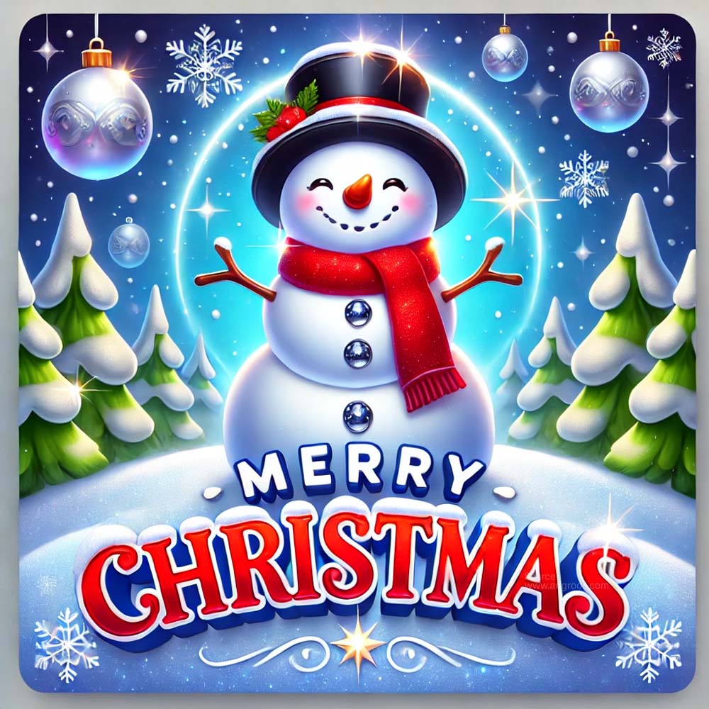 A Christmas greeting card in a glossy vector art style featuring a cheerful snowman India's Favourite Online Gift Shop