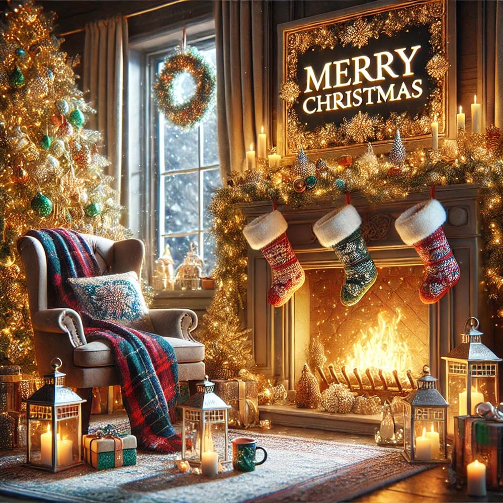 A Christmas greeting card with an ultra realistic style featuring a warm and cozy indoor scene India's Favourite Online Gift Shop