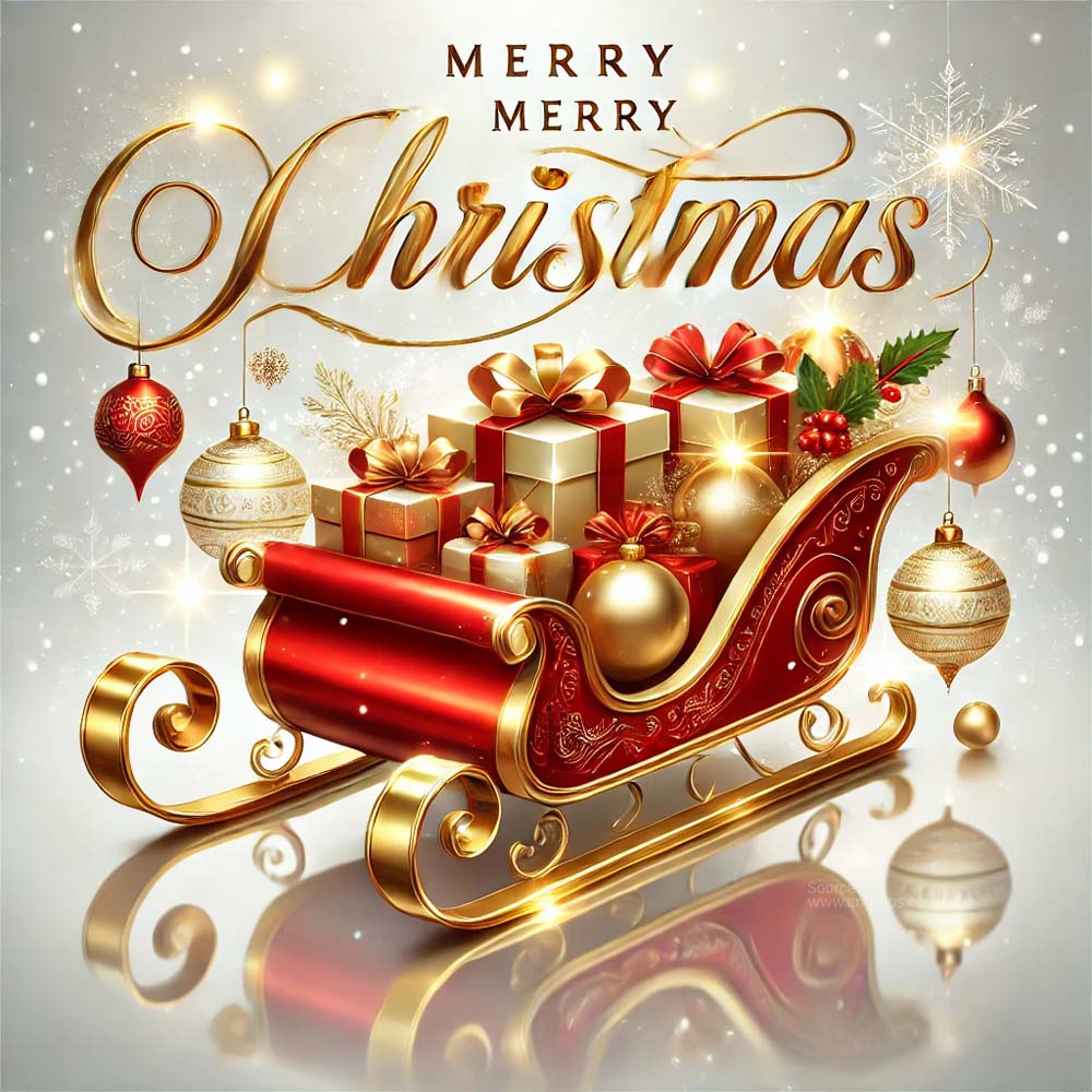 Christmas greeting card featuring a festive red and gold sleigh filled with wrapped gifts India's Favourite Online Gift Shop