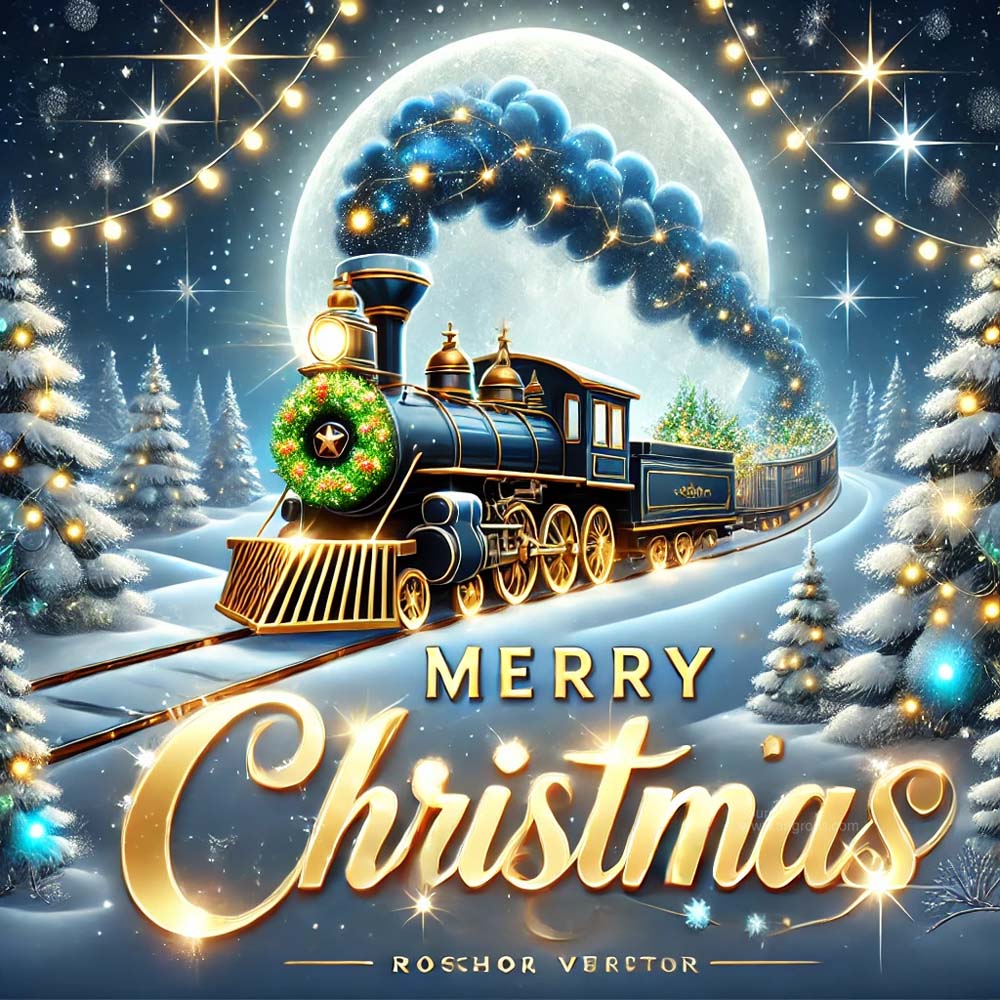 Christmas greeting card featuring a magical Christmas train traveling India's Favourite Online Gift Shop