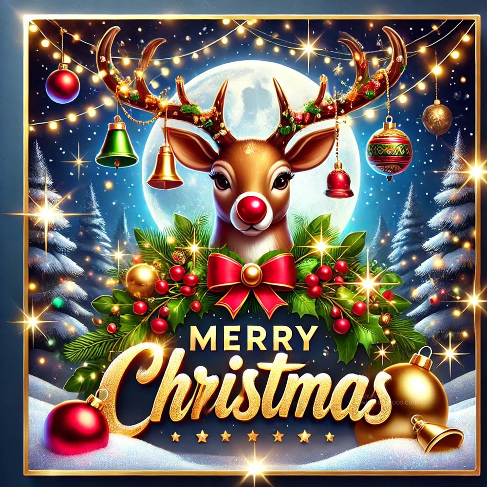 Christmas greeting card in a glossy vector art style featuring a festive reindeer centerpiece India's Favourite Online Gift Shop