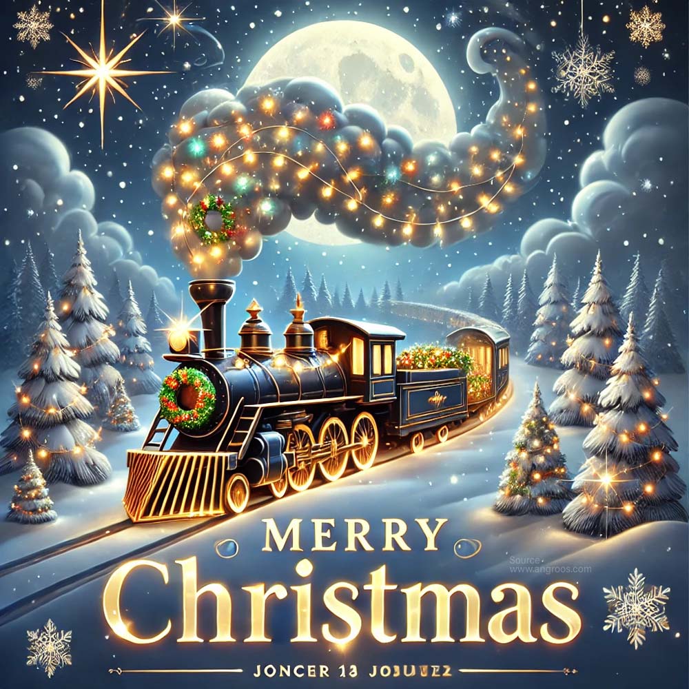 Christmas greeting card in a glossy vector art style featuring a magical Christmas train India's Favourite Online Gift Shop