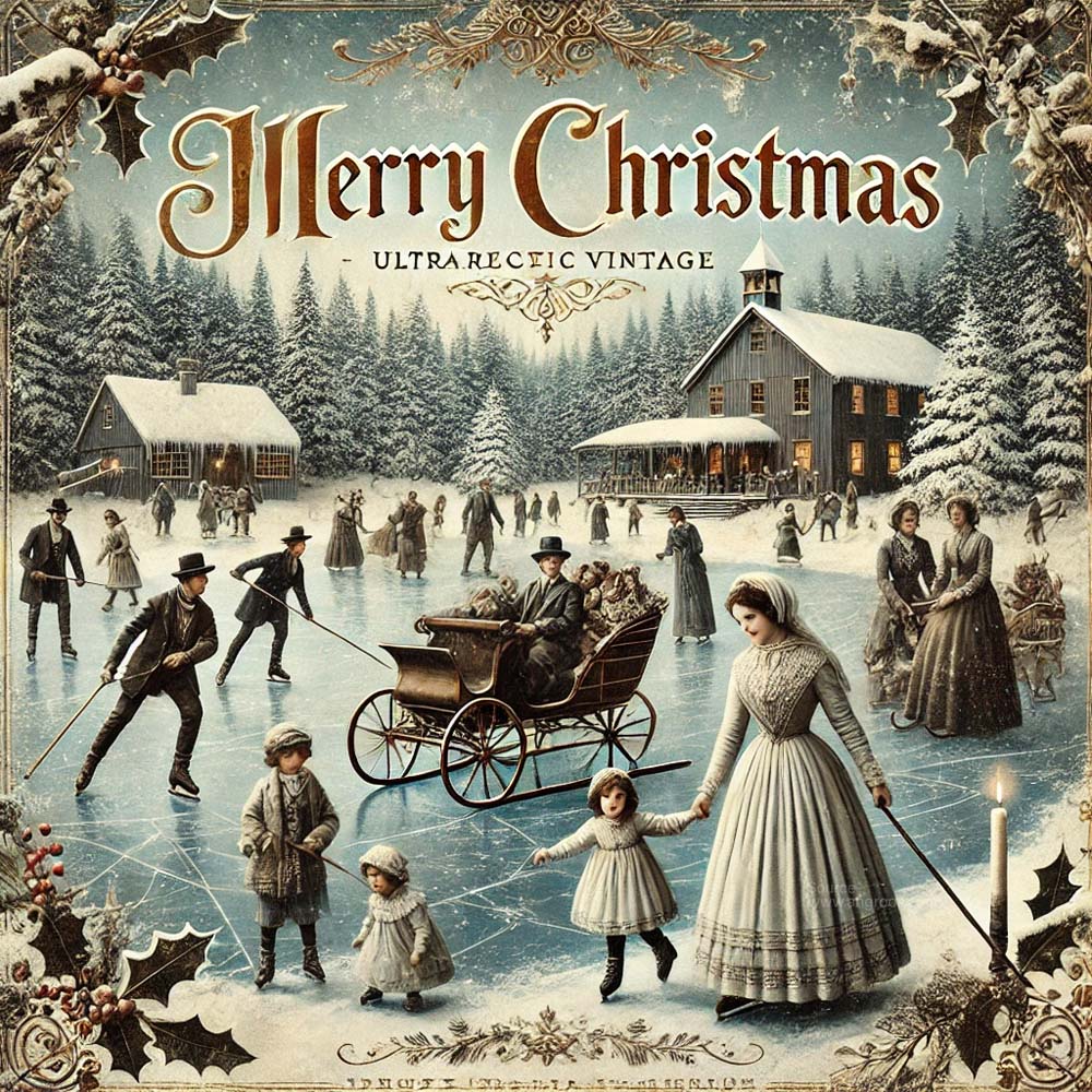 Christmas greeting card in an ultra realistic vintage style showcasing an outdoor ice skating scene India's Favourite Online Gift Shop