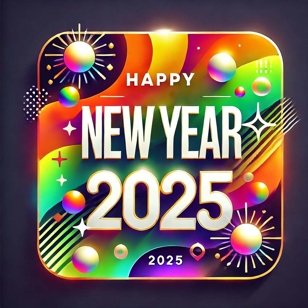 DALL┬╖E 2024 11 26 22.46.11 A colorful and festive New Year 2025 greeting card in square format. The design features a bright and bold gradient background blending shades of gree India's Favourite Online Gift Shop