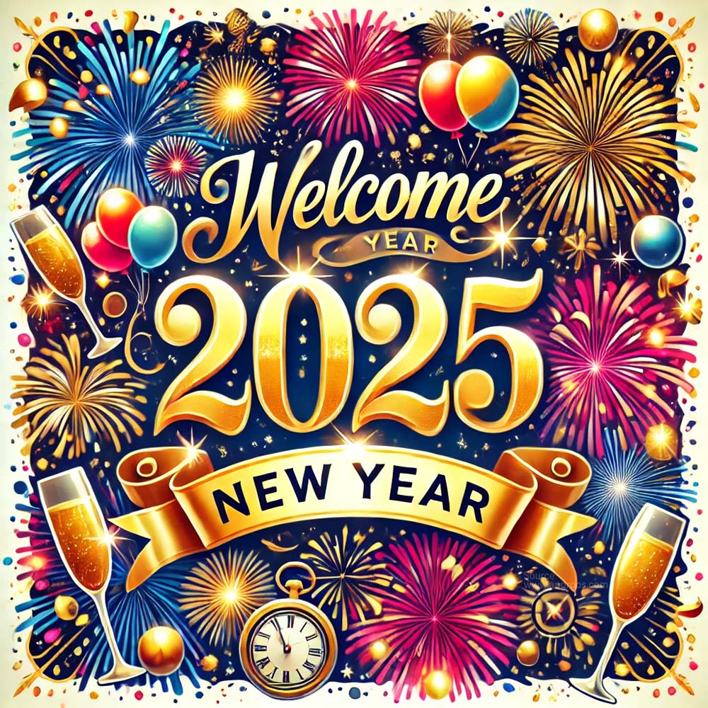 lively and cheerful New Year 2025 design in a square format India's Favourite Online Gift Shop