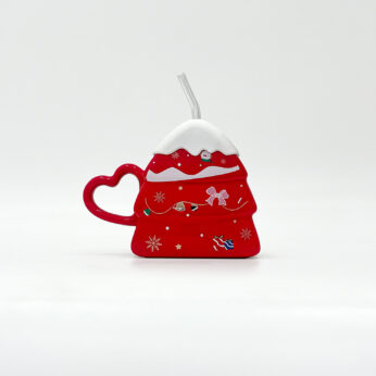 Festive Red Christmas Tree Mug with Heart Handle and Straw