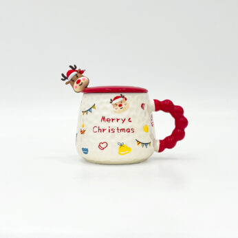 Merry Christmas Ceramic Mug with Lid and Reindeer Decoration