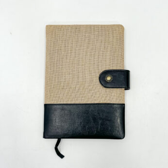 Beige and Black Fabric & Leather Notebook with Button Closure