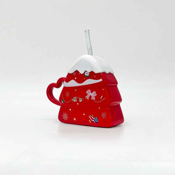 Festive Red Christmas Tree Mug with Heart Handle and Straw - Image 2