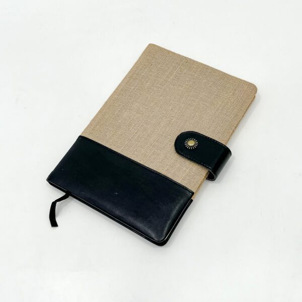 Beige and Black Fabric & Leather Notebook with Button Closure - Image 2