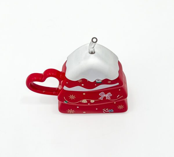 Festive Red Christmas Tree Mug with Heart Handle and Straw - Image 3