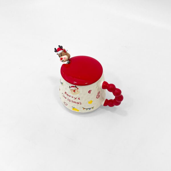 Merry Christmas Ceramic Mug with Lid and Reindeer Decoration - Image 3