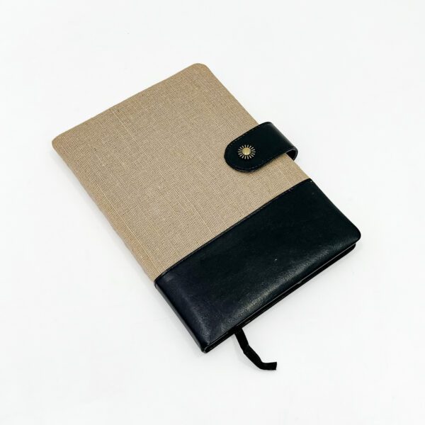 Beige and Black Fabric & Leather Notebook with Button Closure - Image 3