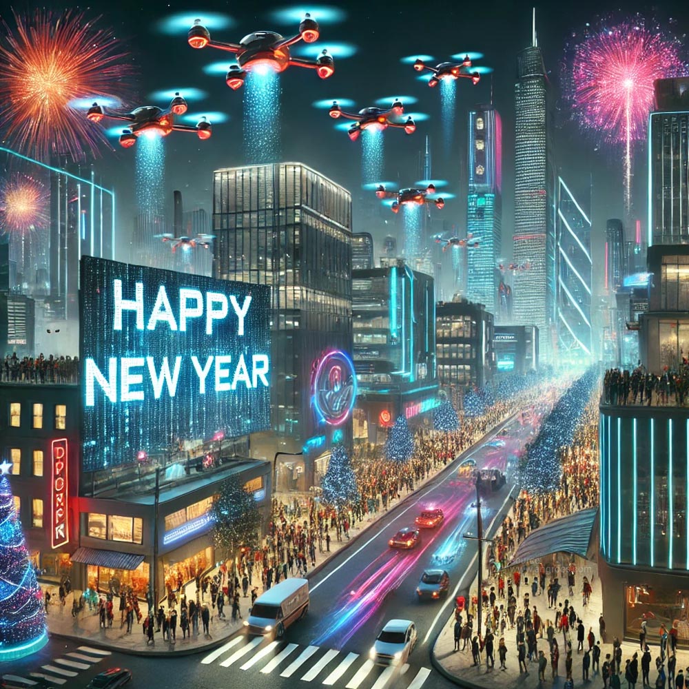 A realistic New Year celebration scene set in a futuristic cityscape India's Favourite Online Gift Shop