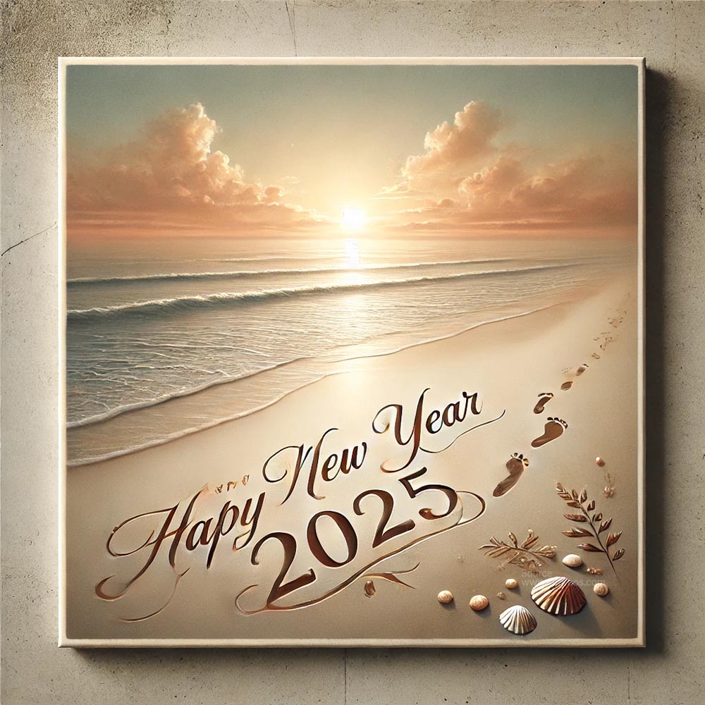 DALL┬╖E 2024 12 10 12.34.52 A completely unique and serene New Year 2025 greeting card in square format. The design features a tranquil beach scene at sunset with soft waves lapp 2 India's Favourite Online Gift Shop