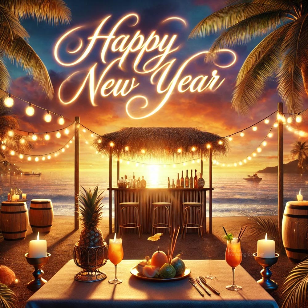 New Year celebration scene set at a tropical beach India's Favourite Online Gift Shop