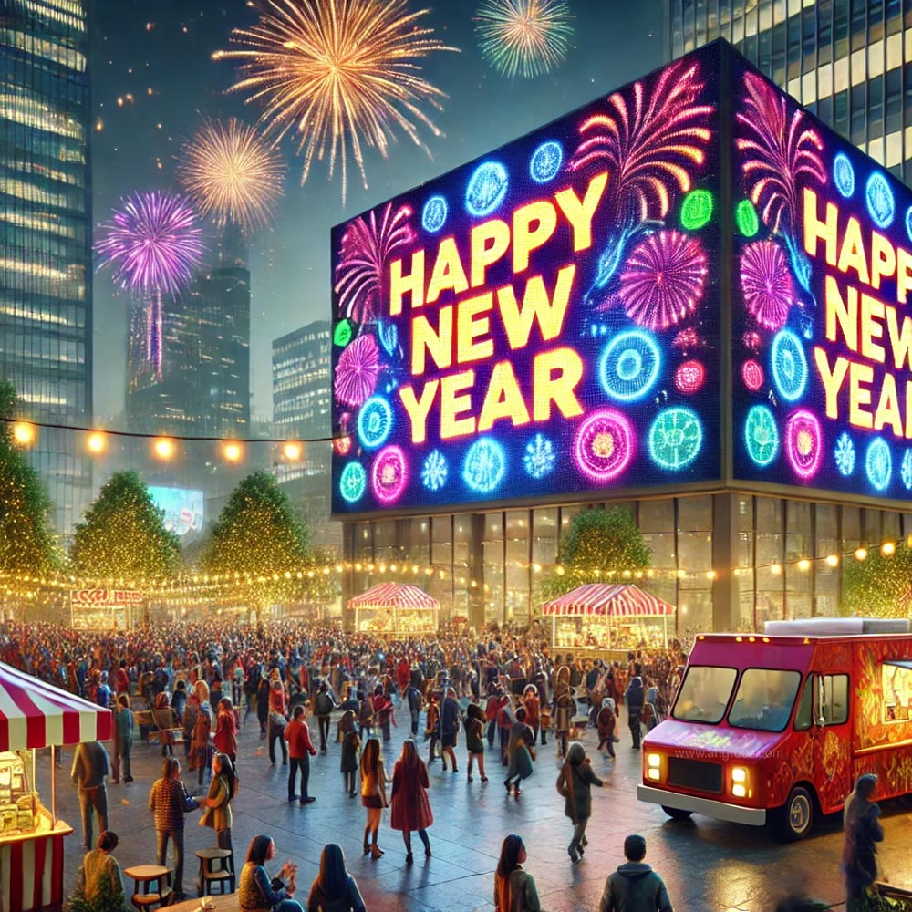 New Year celebration scene set in a modern city plaza India's Favourite Online Gift Shop