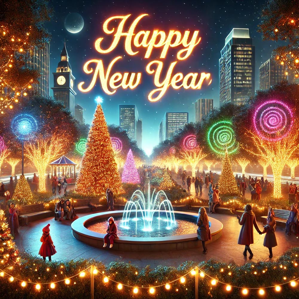 New Year celebration scene set in a vibrant urban park at night India's Favourite Online Gift Shop