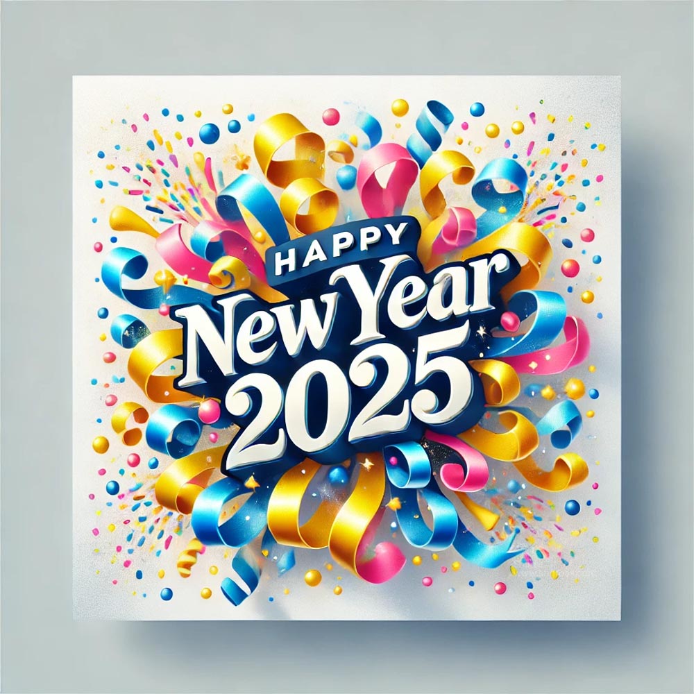 Year 2025 greeting card in square format. The design features a lively confetti India's Favourite Online Gift Shop