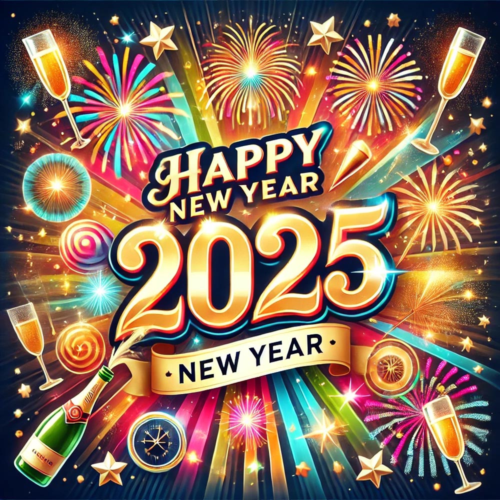 festive and colorful New Year 2025 greeting card design India's Favourite Online Gift Shop