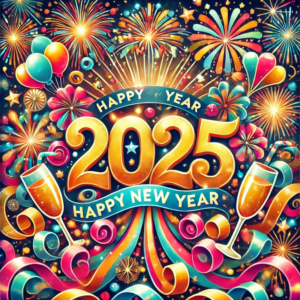 joyful and vibrant New Year 2025 greeting card in square format India's Favourite Online Gift Shop