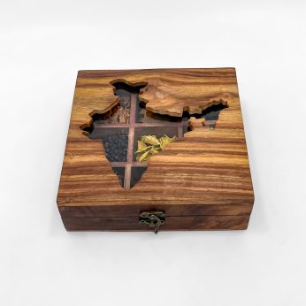 Artistic India Map Wooden Spice Box with Spices and Transparent Lid