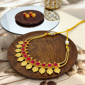 Regal Traditional Coin Necklace Set – Stunning Ethnic Jewelry with Vibrant Red Accents for Festive Elegance