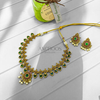 Green Heart Necklace Set with Matching Earrings – Regal Ethnic Jewelry for Festive Elegance