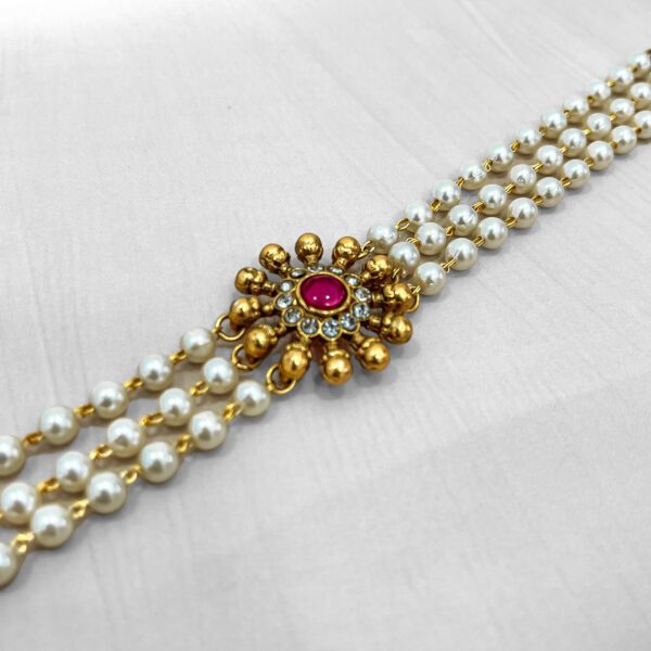 Triple Layer Pearl Choker Set with Ruby Accent – Regal Grace - Image 2