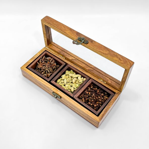 Premium Wooden Spice Box with Three Spices and a Clear Transparent Lid - Image 2