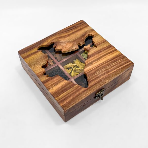 Artistic India Map Wooden Spice Box with Spices and Transparent Lid - Image 2