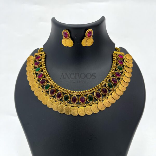 Exquisite Traditional Coin Necklace Set with Ruby & Emerald Elegance - Image 2