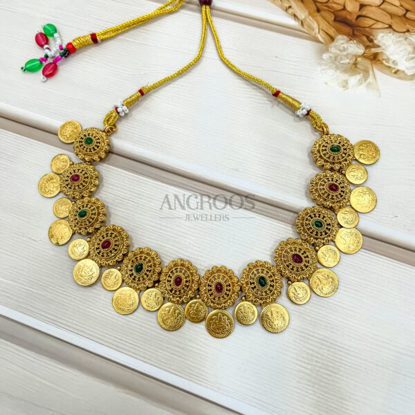 Radiant Lakshmi Coin Gemstone Necklace Set with Ruby & Emerald Accents - Image 2