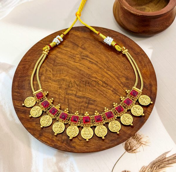 Regal Traditional Coin Necklace Set – Stunning Ethnic Jewelry with Vibrant Red Accents for Festive Elegance - Image 2