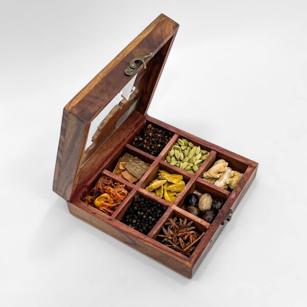 Artistic India Map Wooden Spice Box with Spices and Transparent Lid - Image 3