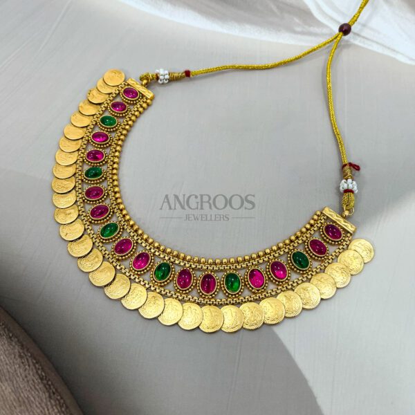 Exquisite Traditional Coin Necklace Set with Ruby & Emerald Elegance - Image 3