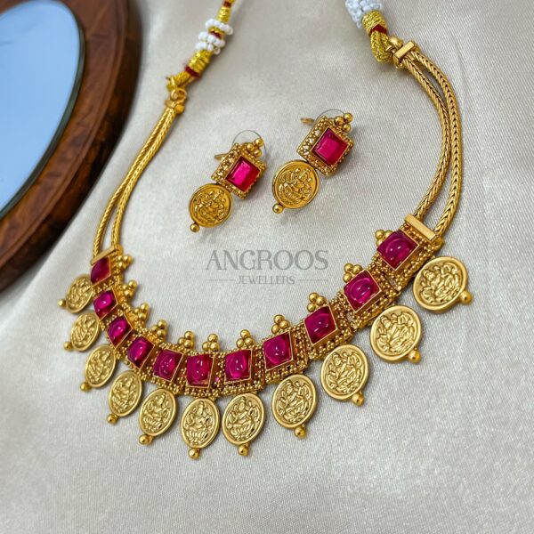 Regal Traditional Coin Necklace Set – Stunning Ethnic Jewelry with Vibrant Red Accents for Festive Elegance - Image 3