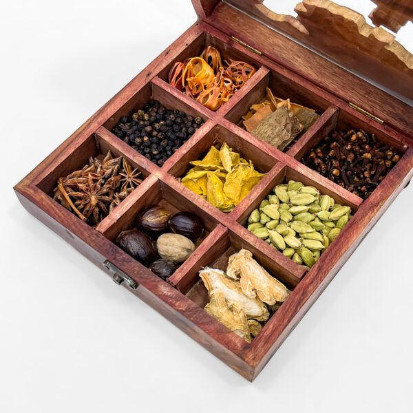 Artistic India Map Wooden Spice Box with Spices and Transparent Lid - Image 4