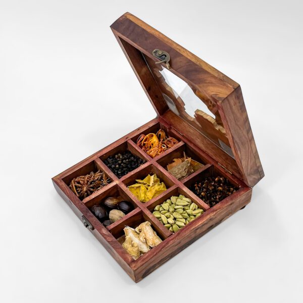 Artistic India Map Wooden Spice Box with Spices and Transparent Lid - Image 5